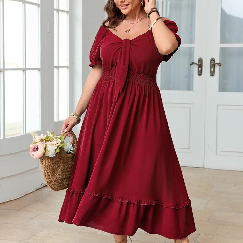 Women’s Plus Size Summer Maxi Dress V Neck Short Sleeve Boho Casual - Picture 4 of 6